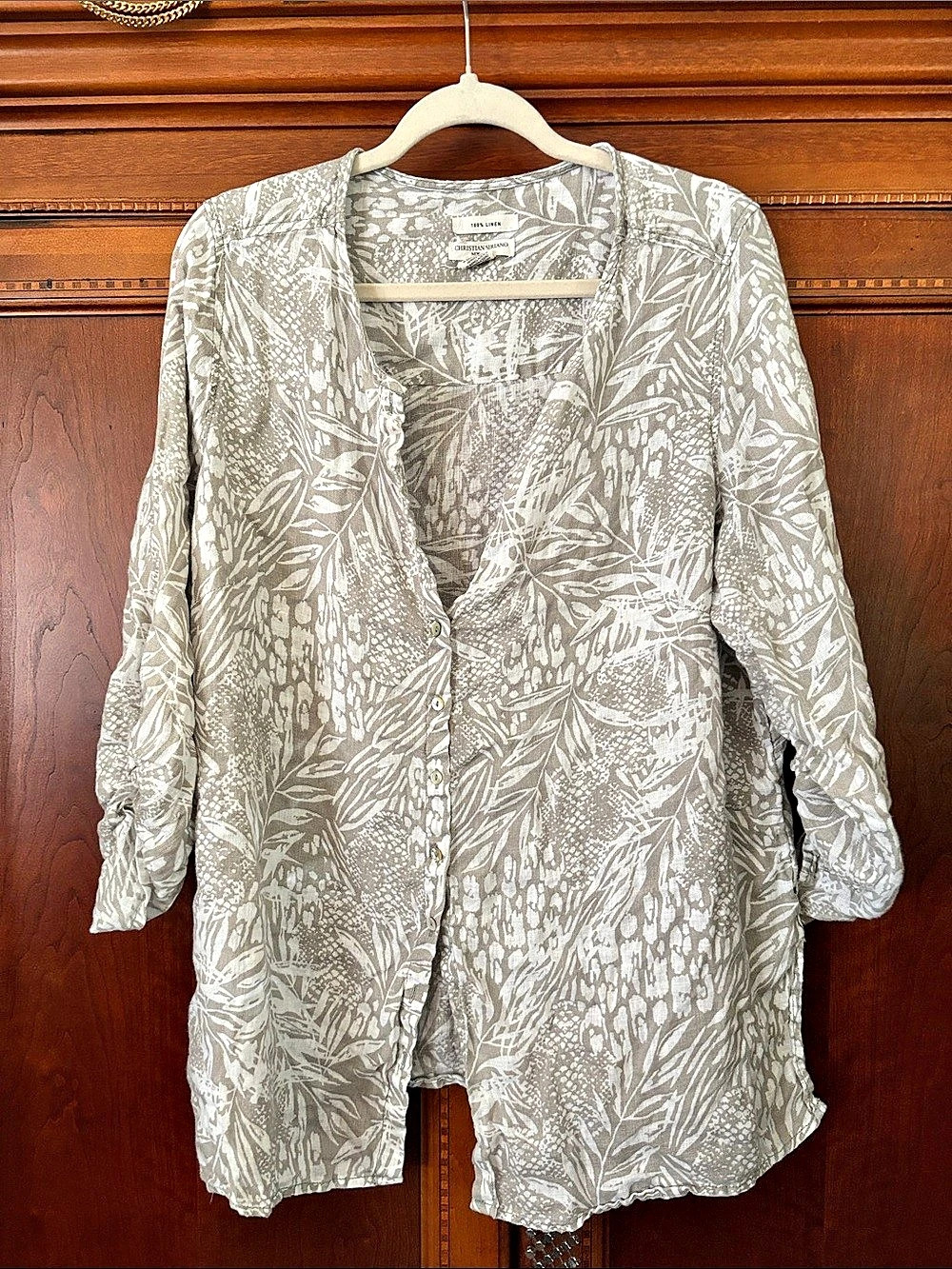 Christian Siriano 100% linen New York Linen Printed Button-Up Shirt Gray & White